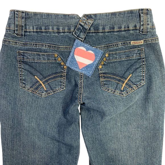 Patched Boho Jeans Pink Hearts Wide Leg Upcycled Denim Womens 4 Hydraulic - Picture 11 of 13